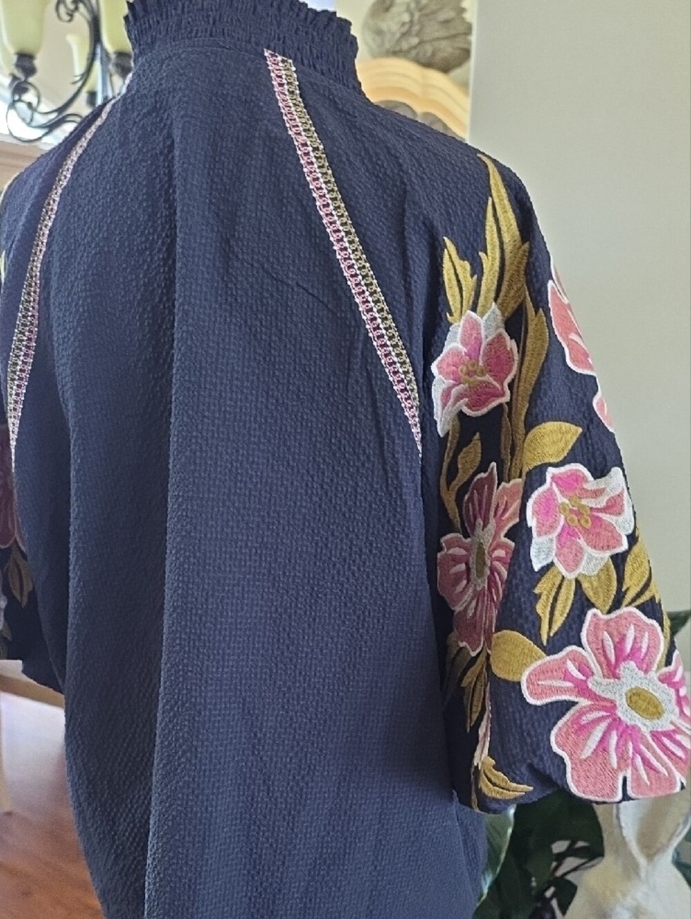 THML Navy Split-Neck Blouse with Pink Floral Embroidered Sleeves - Picture 5 of 6